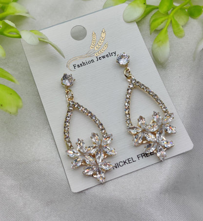 Imported Elegant Crystal Floral Drop Earrings – Nickel-Free | Luxurious Gold Finish