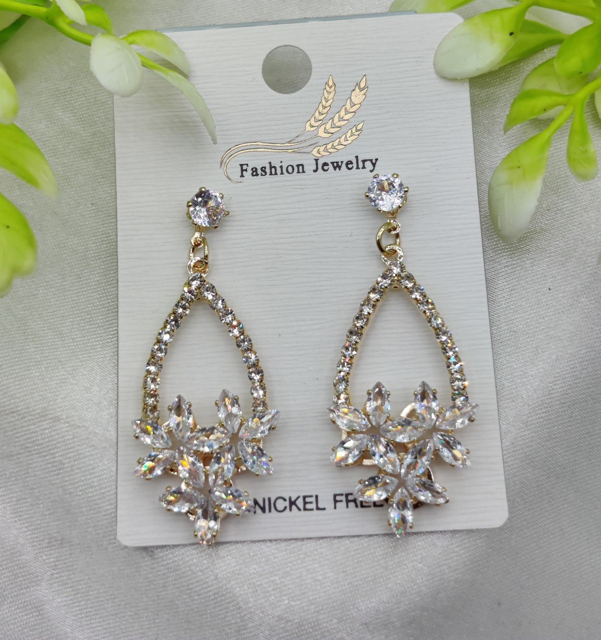 Imported Elegant Crystal Floral Drop Earrings – Nickel-Free | Luxurious Gold Finish