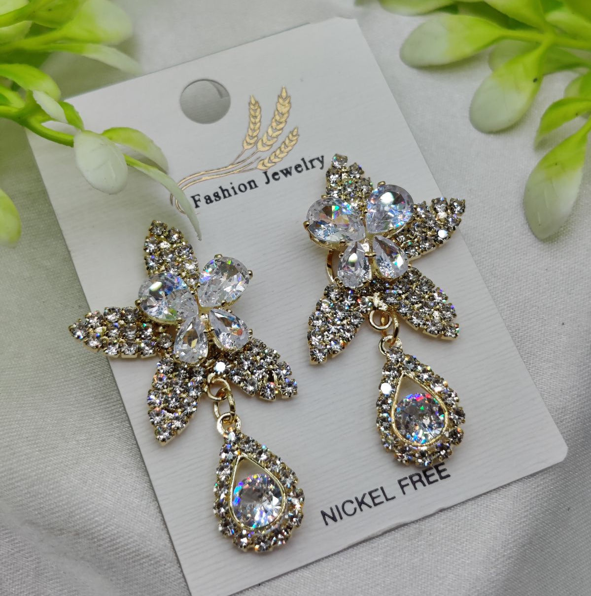 Imported Stunning Crystal Floral Earrings with Teardrop Accent – Nickel-Free