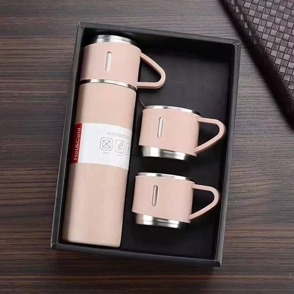 Stainless Steel Vacuum Flask Set – 500ml, Thermos Bottle with 3 Cups